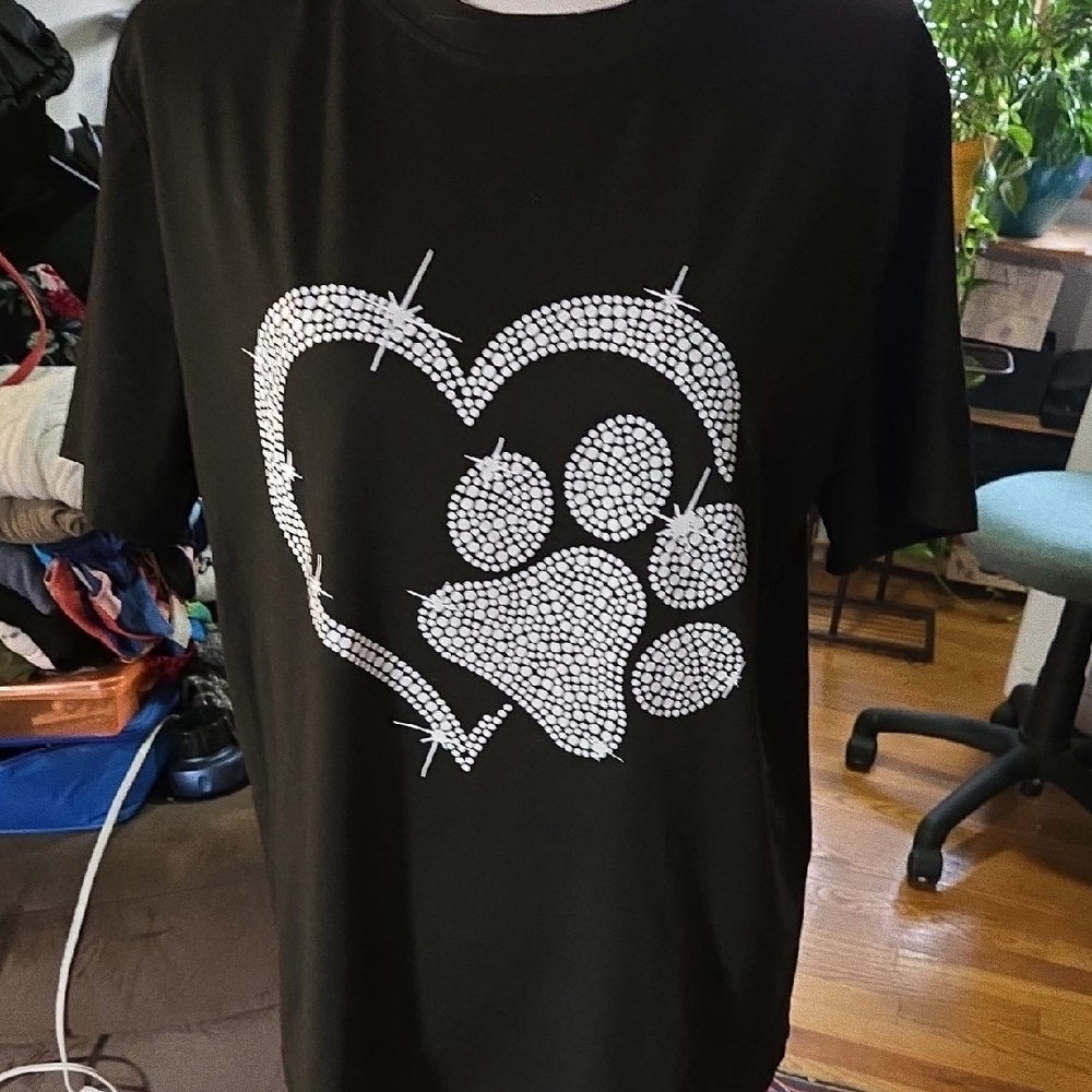 Black T-Shirt And Pink Tshirt with Rhinestone Paw Heart Design 2 Shirts Total